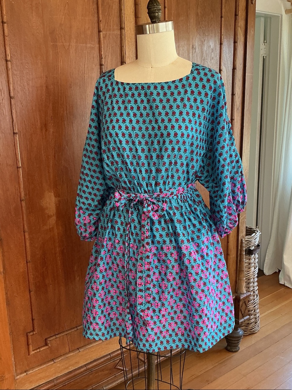 J. Crew Teal and Pink Floral Block Print Tie-Waist Peasanty Mini Dress Pockets